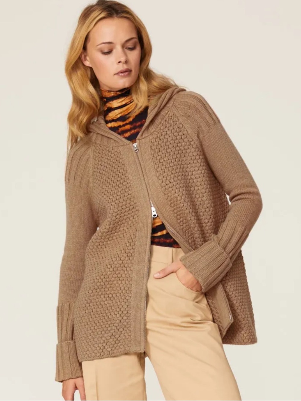 Victor Alfaro Brown Oversized Zip-Up Hooded Knit Wool Sweater Cardigan - Size M